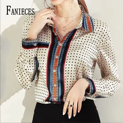 3XL Luxury Print Women Shirt Vintage Button Up Long Sleeve Blouses Office Turn Down Collar Satin Tops Блузки Рубашки