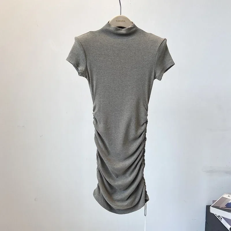 summer baby girls pleated crew neck short sleeve Korean kids clothes bodycon slim fit dresses vestidos streetwear 3 to 16 yeas