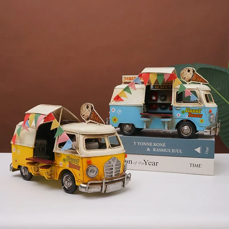 Home Accessories Room Family Living Decoration Ice Cream Truck Miniature Model Retro Industrial Style Metal Things Att