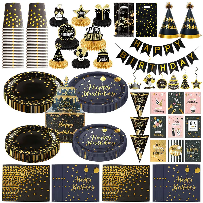 NOUVEAU Kit de Décoration Anniversaire Noir et Or : Assiettes, Gobelets, Serviettes, Bannière et Sacs Cadeaux – Fournitures de Fête Joyeux Anniversaire pour Adultes