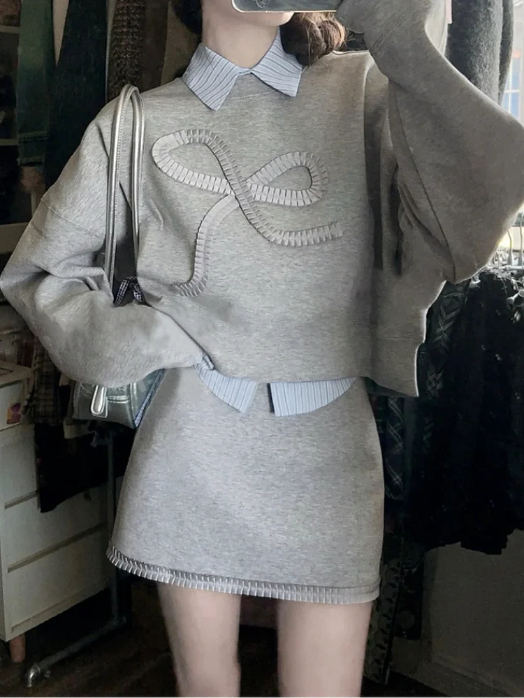 Women's Gray Fake Two-Piece Shirt Collar Hoodie & Mini Skirt 2 Piece Set Casual Sweet Streetwear Outfits 2026