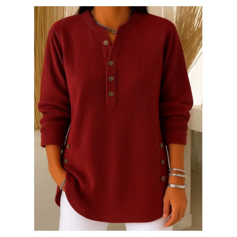 Casual Loose Blusas Long Sleeve Top T Shirt Tees Pullover Solid Color Simple Style All-match Button V-link Commuting Temperament