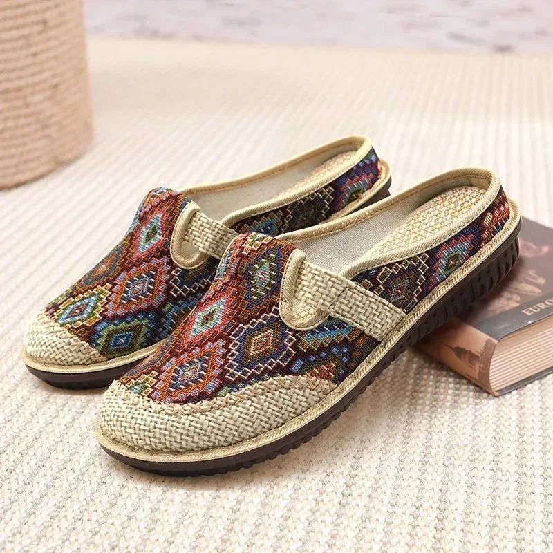 Fashion Women's Shoes Ethnic Style Embroidered Linen Breathable Outdoor Casual Slippers Shoes for Women