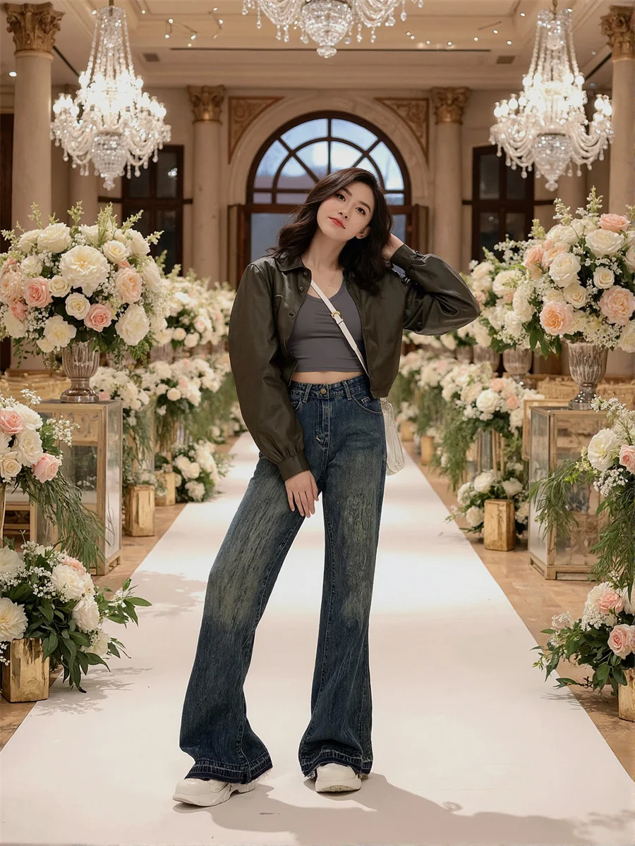 

Расклешенные потертые джинсы, брюки для женщин, джинсовая женская одежда, нишевая повседневная крутая льняная тканая свободная традиционная прямая толстая одежда