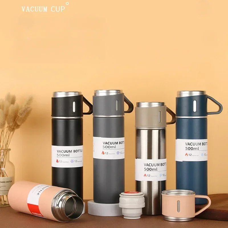 

500ML Stainless Steel Vacuum Flask Gift Set Office Business Style Thermos Bottle Outdoor Hot Water Thermal Insulation Couple Cup