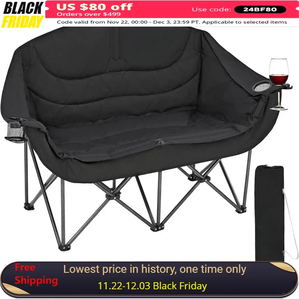 Double Camping Chair, Heavy Duty Outdoor Folding Couch with Cup Holder Wine Glass Holder Support 440 Lbs, Folding Chair