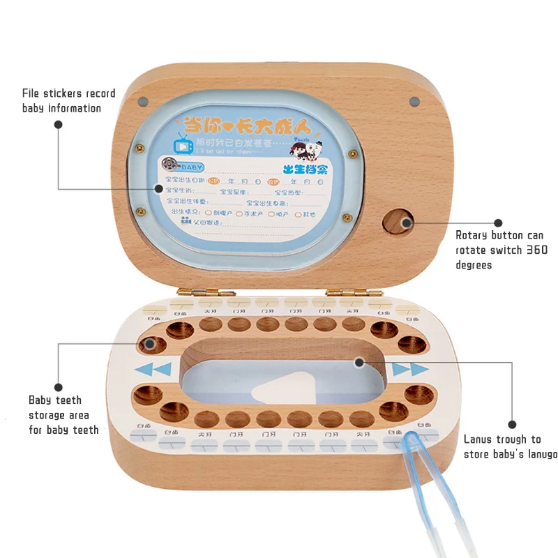 Baby Tooth Box English/Japanese Beech Wood TV Box Baby Wood Tooth Box Organizer Milk Teeth Storage Collect Box Toothbox Cute