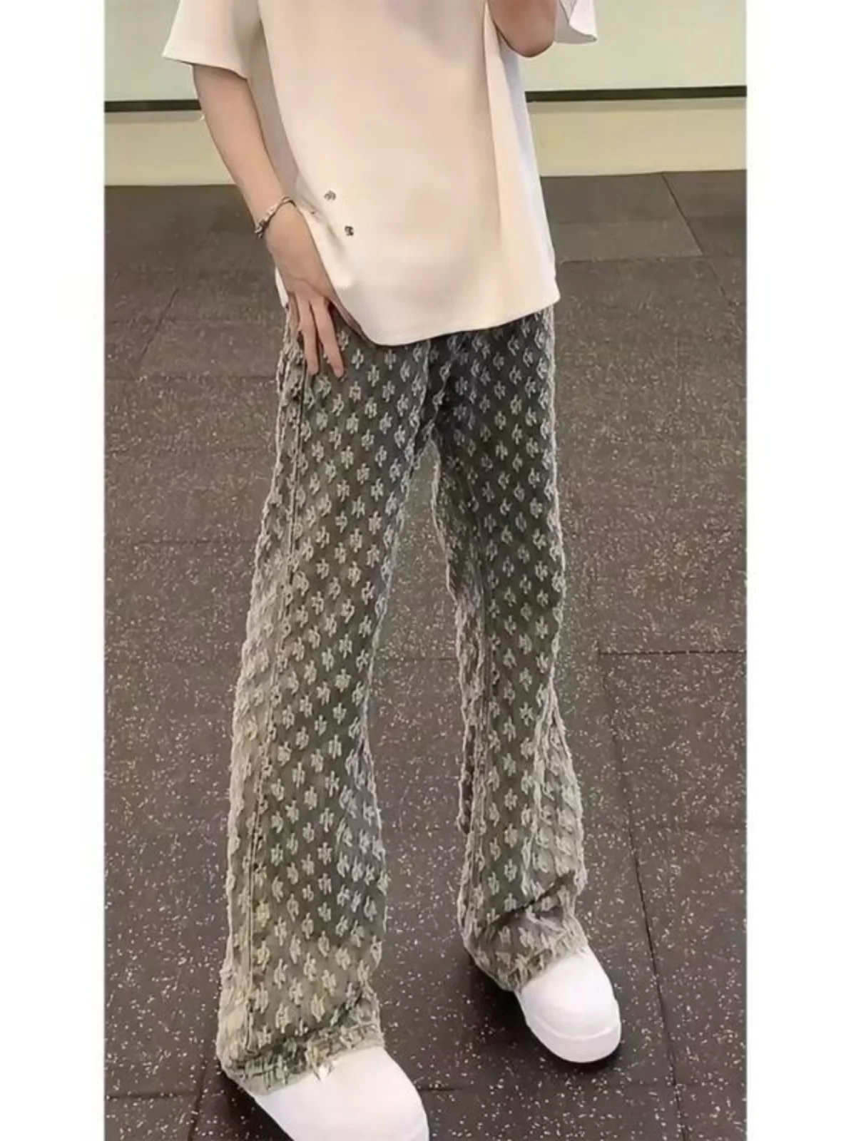 

Paris Floral Embroidery Men's Jeans Autumn Faion Straight Leg Bell Bot High Street Sle Wear Resistant Long Trousers