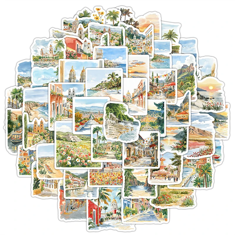 50PCS Travel City Street Scenery Sticker Nature Landscape Stickers Set Vintage Aesthetic World Architecture Decals Scrapbooking