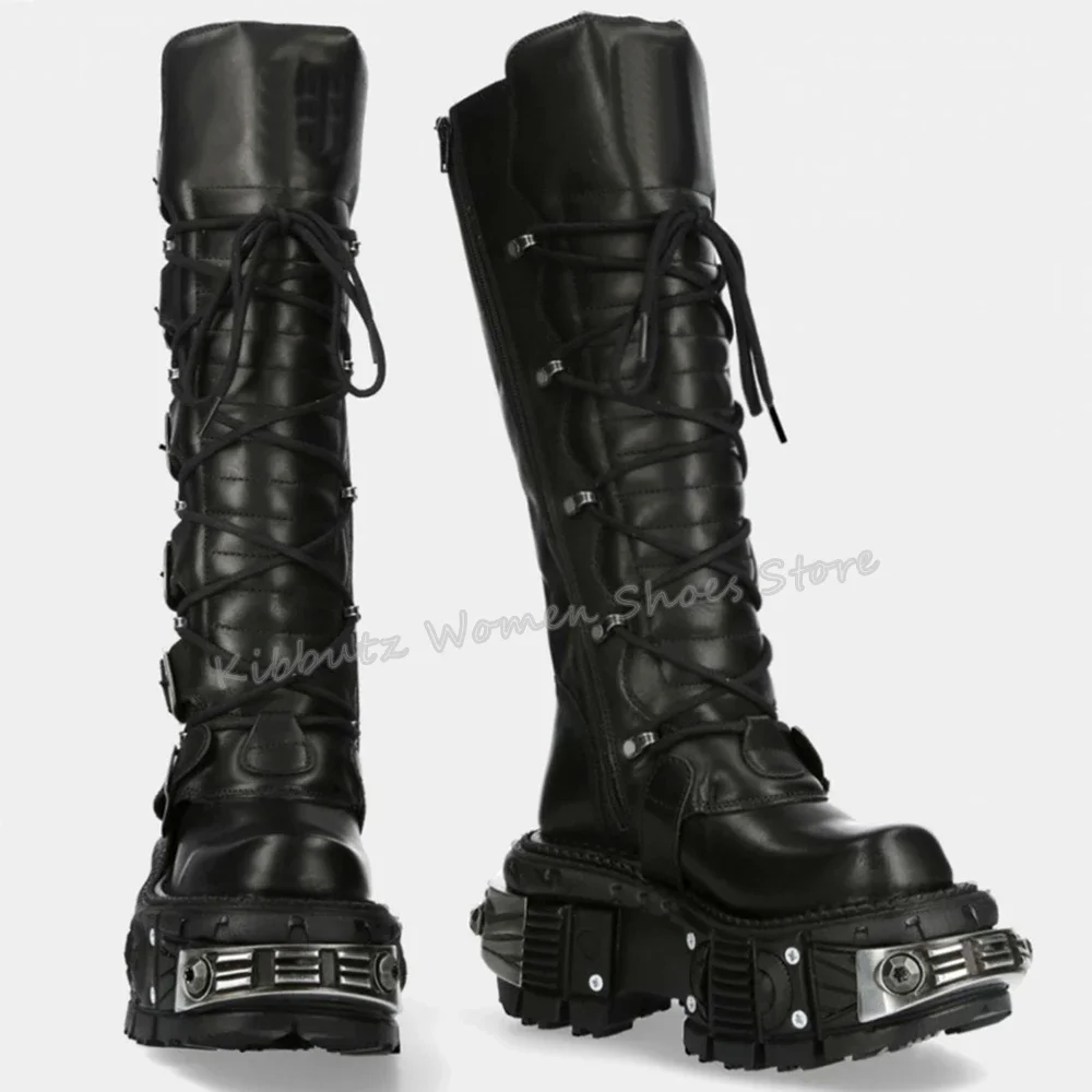 Rock Punk Motorcycle Boots Knee High Dark Style Round Toe Thick Bottom Genuine Leather Solid Color Fashion Sexy Women Shoes New