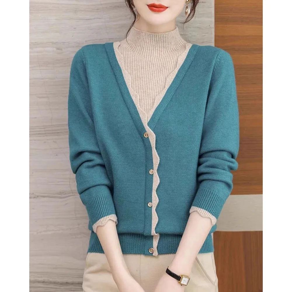 

AutumnWinter Plus velvet thicken Pullovers Knitted Sweater Women Fashion Half High Collar Fake Two Pieces Casual Knitwear Female