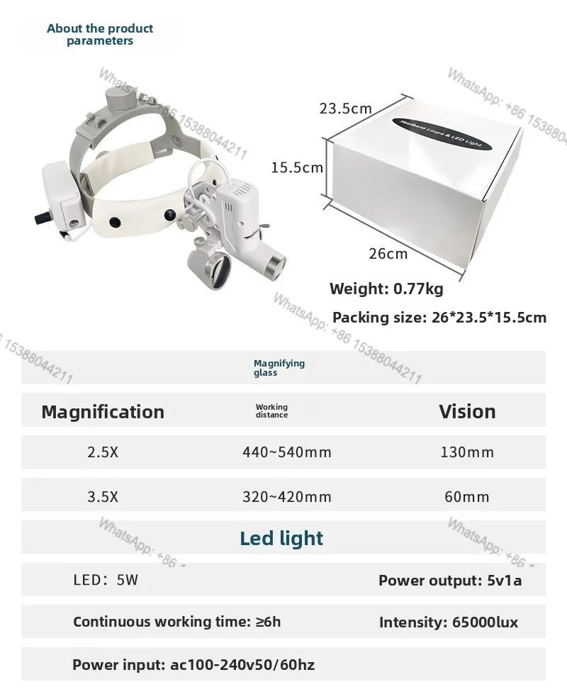 2026 Hot Selling LED Light Lamp Binocular Loupes Brightness Spot Adjustable Lab 5W Headlamp for Headlight 2.5X 3.5X