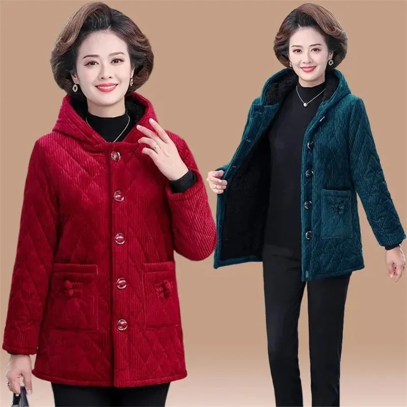 

Women Corduroy Jackets 2023 New Autumn Winter Solid Loose Outwaer Female Casual Middle-aged Thicken Warm Hooded Female Overcoats