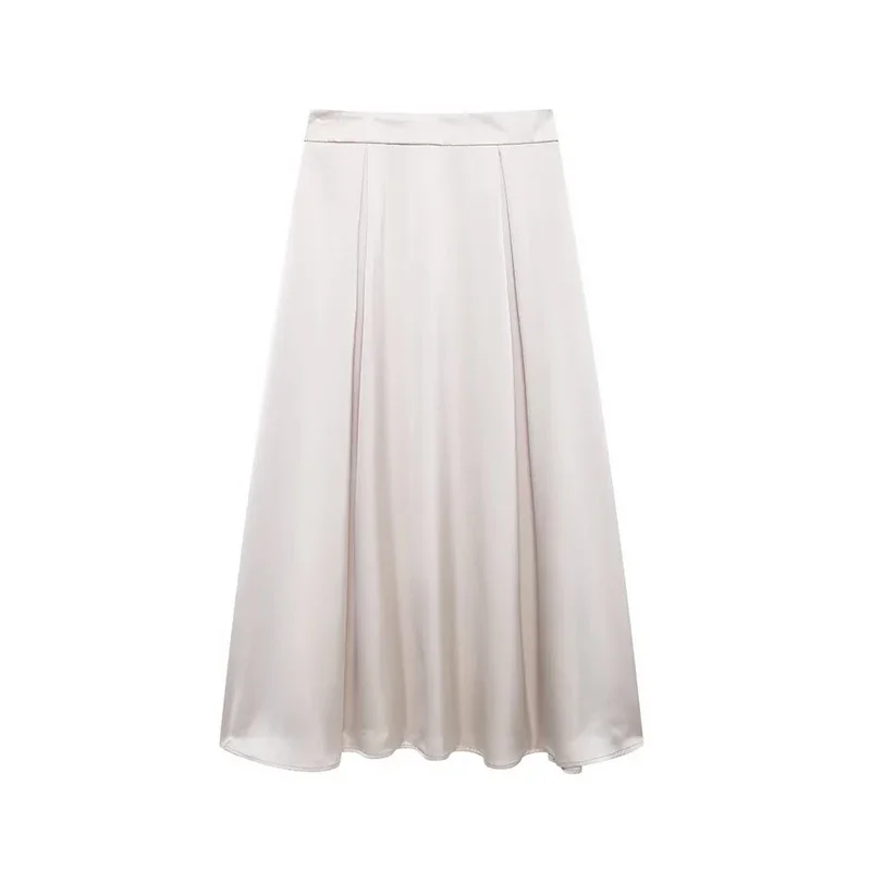 

Women Fashion Beige Pleated Side Zipper A-Line Midi Skirt Vintage High Waist Female Chic Lady Skirts