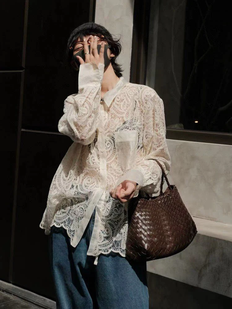 

White Lace Long Sleeve Shirt Women's Spring Summer 2026 New Style Hollow Design Loose Heavyweight Lazy Style Polyester Blend