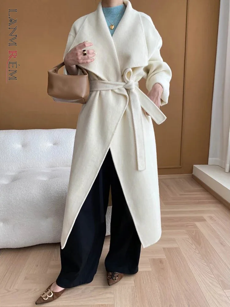 

[LANMREM] Belt Gathered Waist Wool Coat For Women Solid Lapel Long Sleeve Thicking Warm Female Outwear 2024 Winter New 26C582