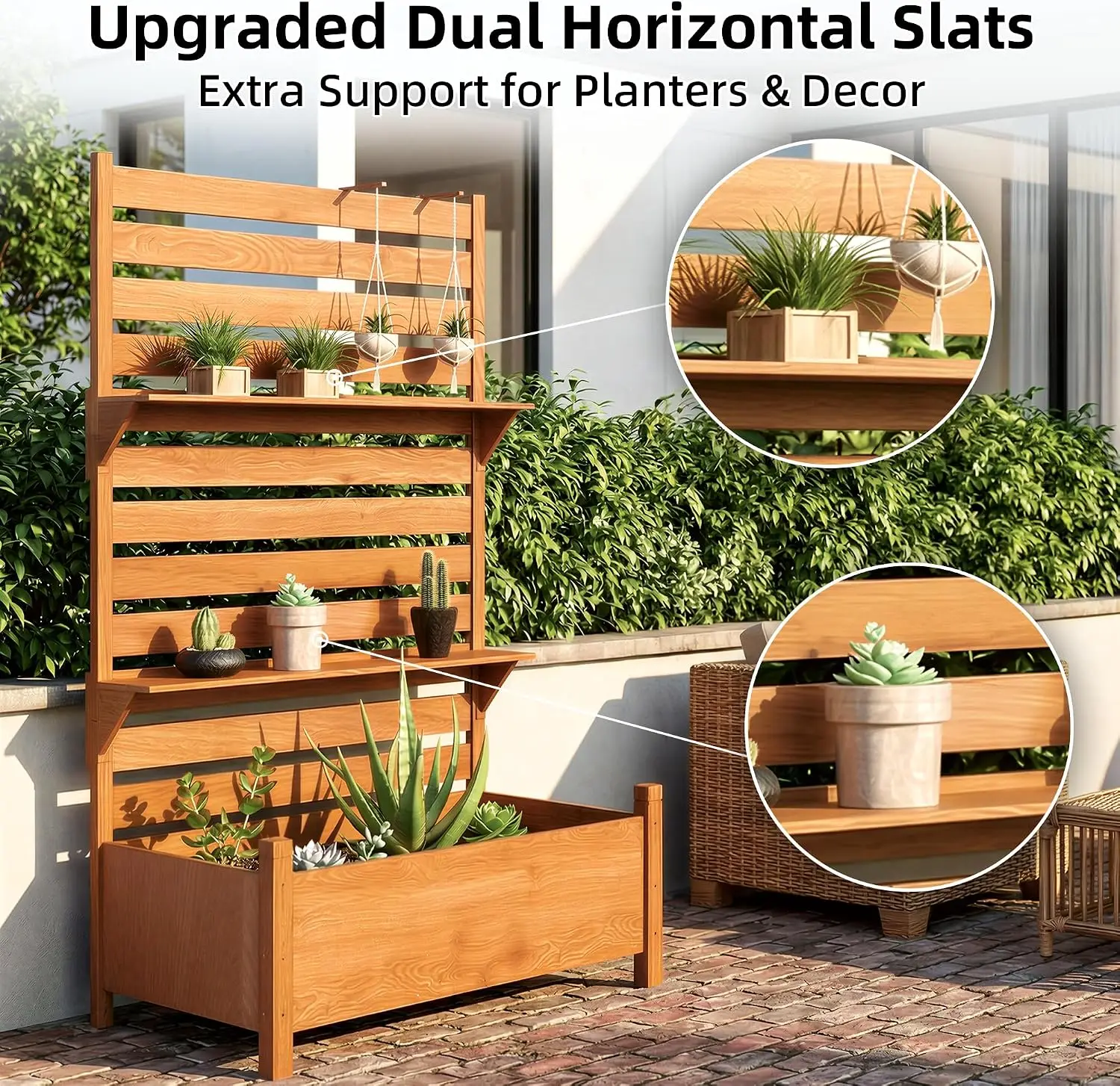 Outdoor Privacy Screen with Planter, 72.8" H x 26" W x 41.3" D, Solid Wood Freestanding Patio Privacy Divider with 2-Tier Shelf, Light Brown - view 3