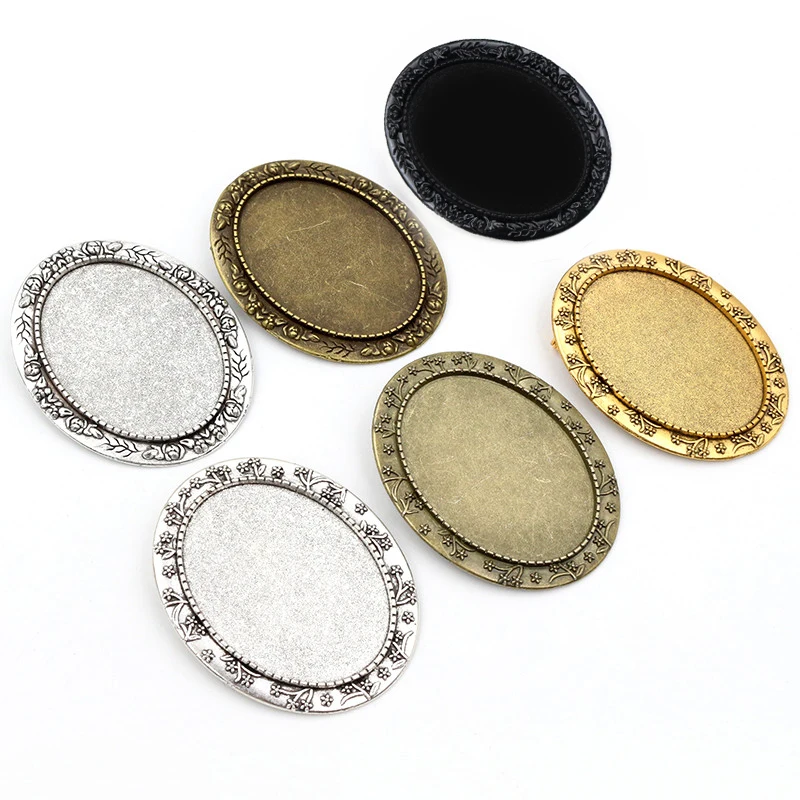 Fashion 5pcs 30x40mm Inner Size Antique Gold/Silver Plated Bronze Black Flower Brooch Pins Cabochon Blank Base Setting Tray