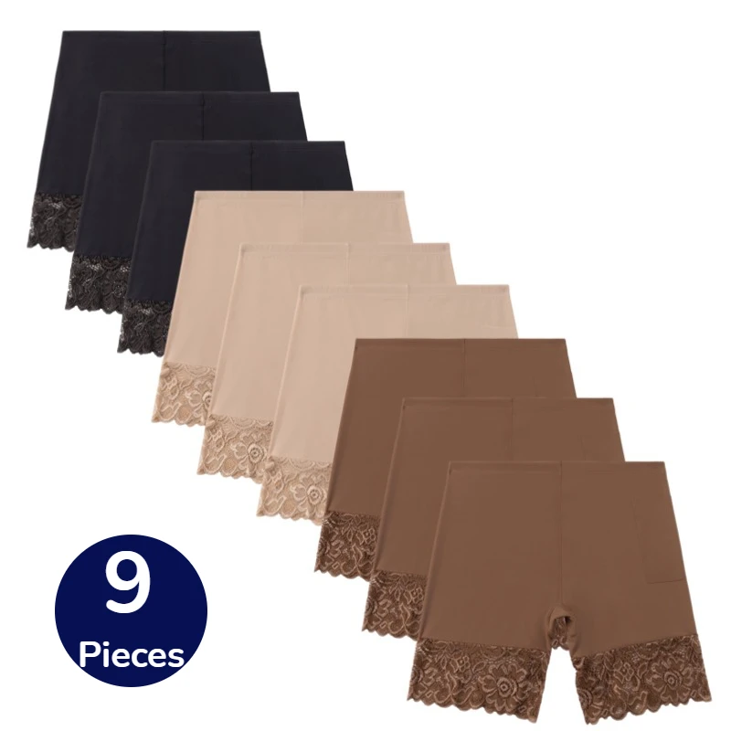 

WarmSteps 9PCS Women's Panties High-Waist Sexy Lingerie Fashion Boxers Pocket Design Solid Color Lace Trim Flower Cozy Boyshorts