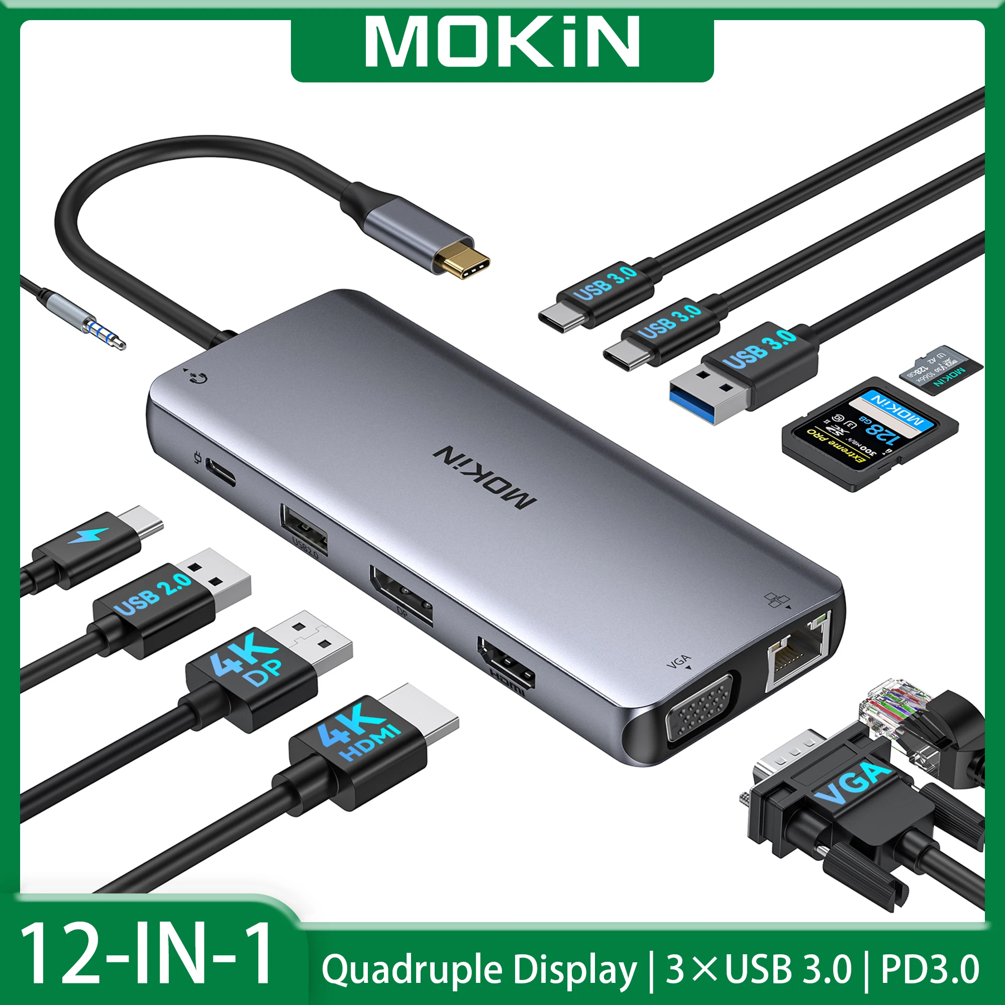 MOKiN USB C Hubs USB Type-C to HDMI Hub Docking Station DP 4K60Hz RJ45 VGA USB 3.0 5Gbps PD 3.0 Hub Adapter For Macbook Pro/Air