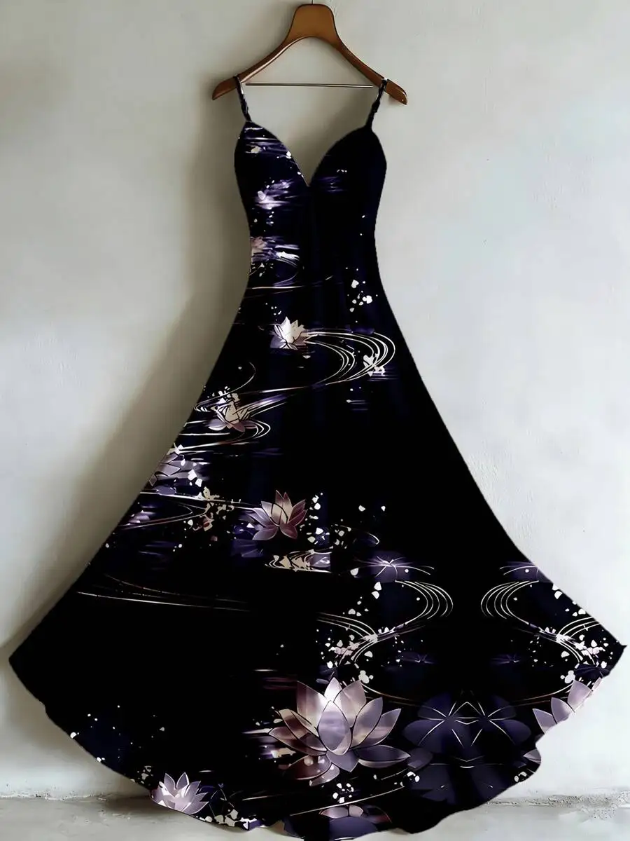

Women Spaghetti Strap V Neck Long Dress Floral Print Flowy Evening Party Dress