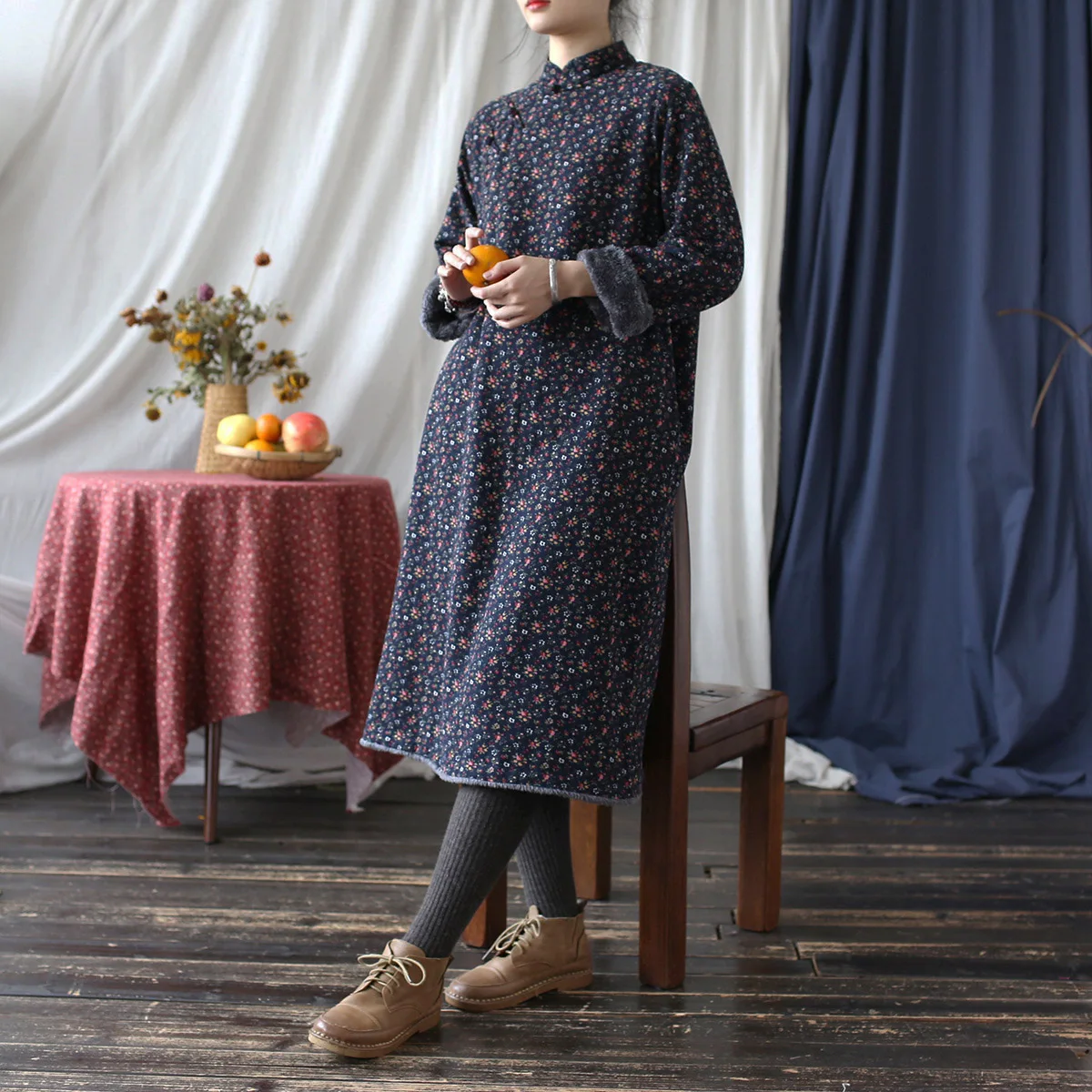 Women Country-style Floral Print Thicken Winter Long Sleeves Cheongsam Vintage Fleece Improved Dress Medium-length Chinese Qipao