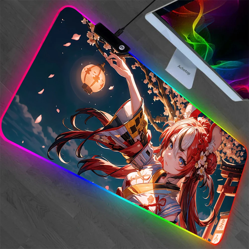 

Красивый коврик для мыши с изображением мультяшной девушки Hakos RGB, светодиодный, светящийся, резиновый, для геймеров, для ПК, игровой коврик для мыши