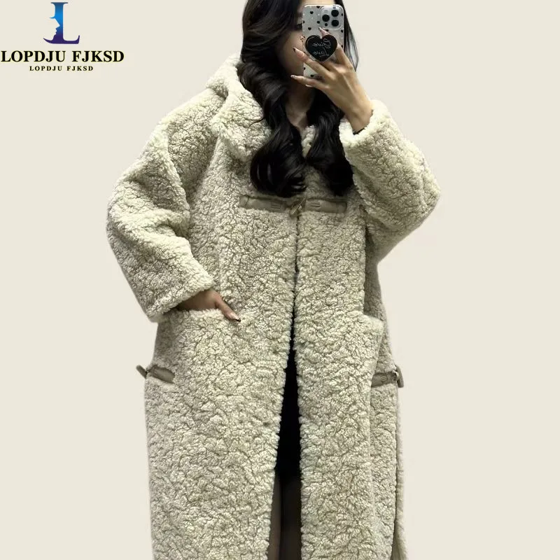 Faux Lamb Fur Coat for Women,Horn Button Jacket,Hooded,Thick Warm Clothes,High Quality,Autumn and Winter,2024