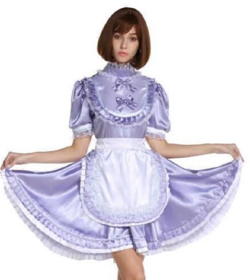 

Sissy Maiden Maid Satin Lockable Purple Bib Bow Dress Role Playing Dress Adult Baby Crossdresser Party Daily Unisex Dress Custom