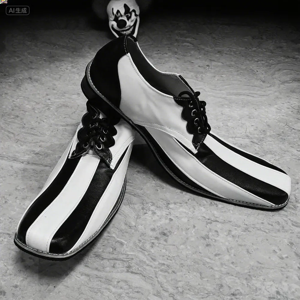 36cm B‌lack White Pointed Toe Clown Shoes For Adults Free Size Club Circus Favors Slim Joker Shoes Halloween Cosplay