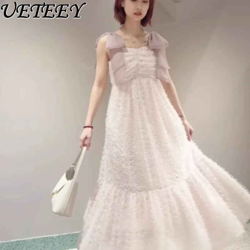 Verão novo produto férias arco cinta peludo delicado maxi vestido temperamento doce meninas fada sem mangas vestidos longos