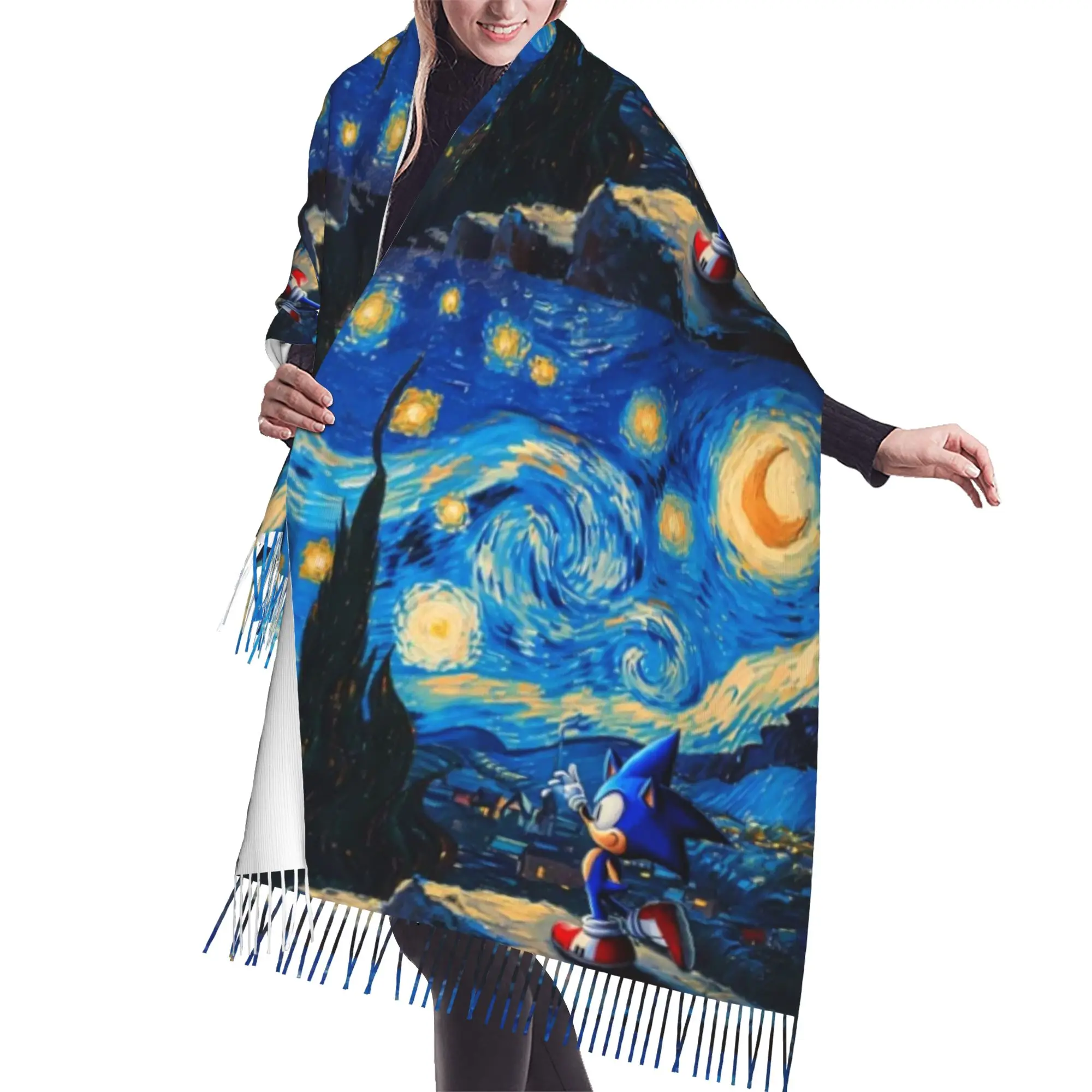 Custom Ladies Long S-Soniced Cartoon Scarves Women Winter Thick Warm Tassel Shawl Wraps Video Game Scarf