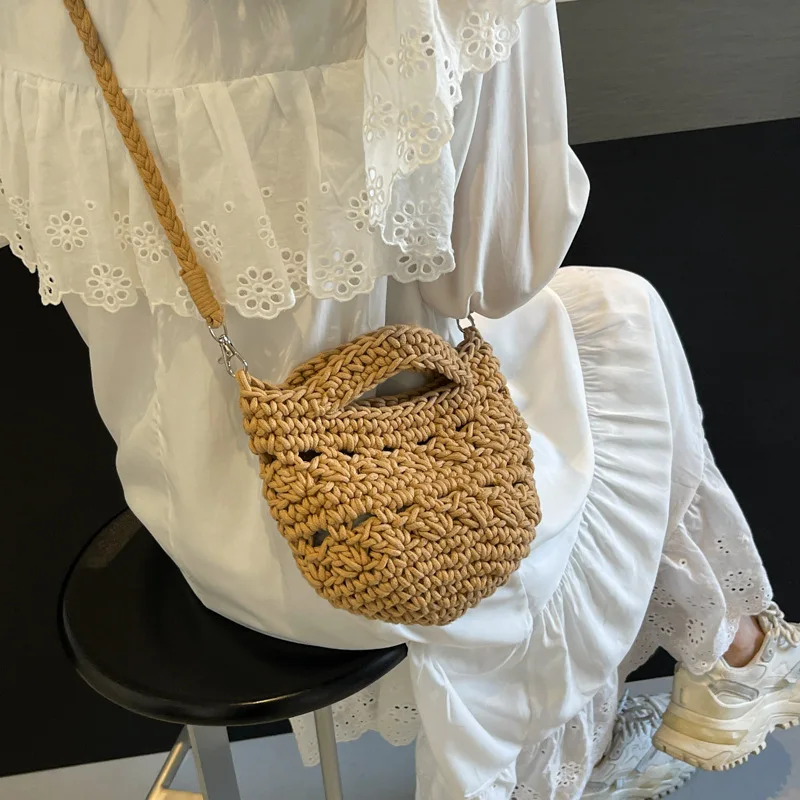 Women Mesh Rope Knitted Bucket Shoulder Bags Reticulate Hollow Travel Shopper Totes Handbag  сумка женская вязаная