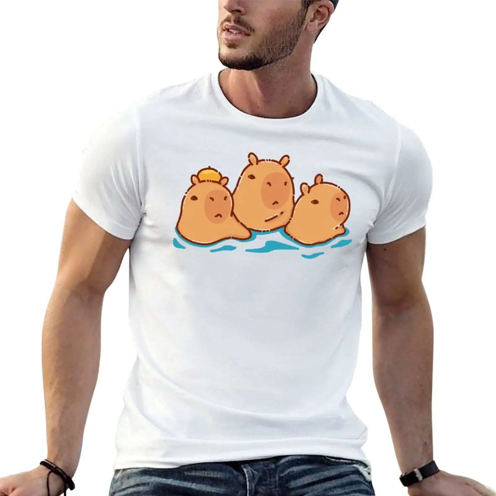 Three capybaras having a bath T-Shirt Basic Solid Tee for Daily Use
