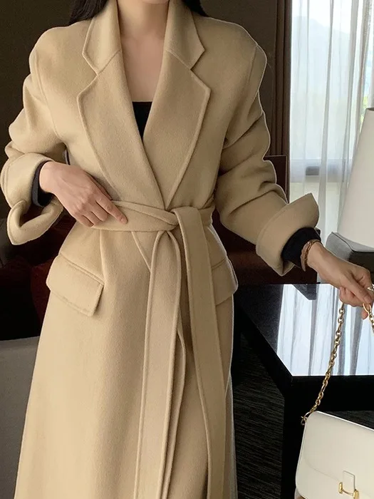 

Ele Long Woolen Coat Women's Faionable Collar Bow-Tied Outerwear Winter Season High-End Feel Commute Sle Color