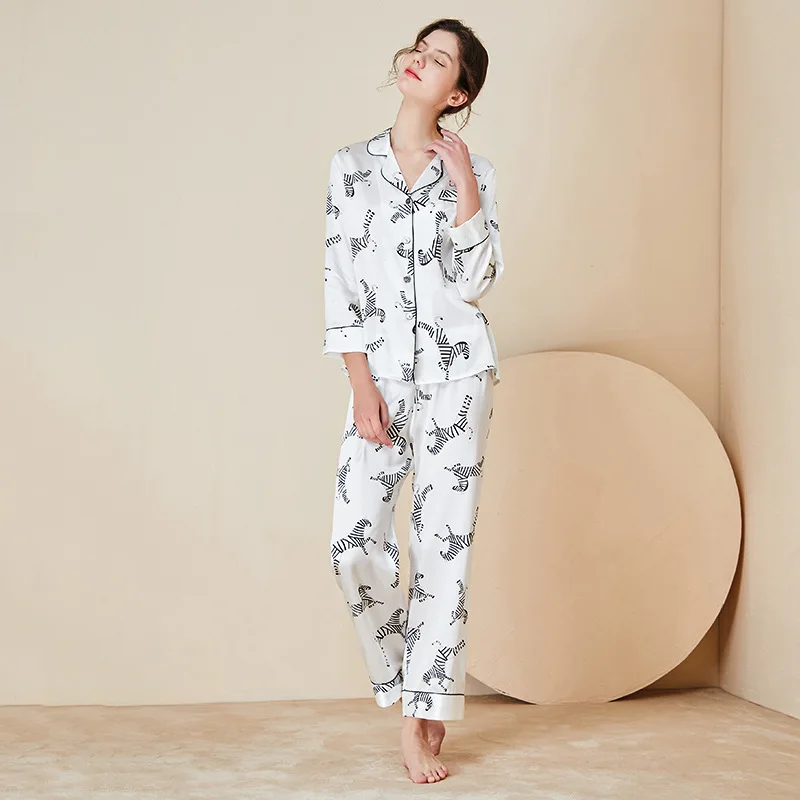 long sleeve blue Zebra Silk satin sleepwear wholesale silk pajamas set women nightwear