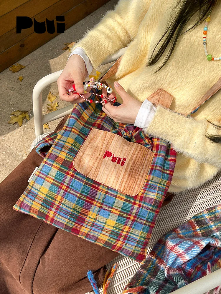 Original Fashion Retro New Style Plaid Contrasting Canvas Women's Bag Vertical Square Large Capacity Single Shoulder Bag Trendy