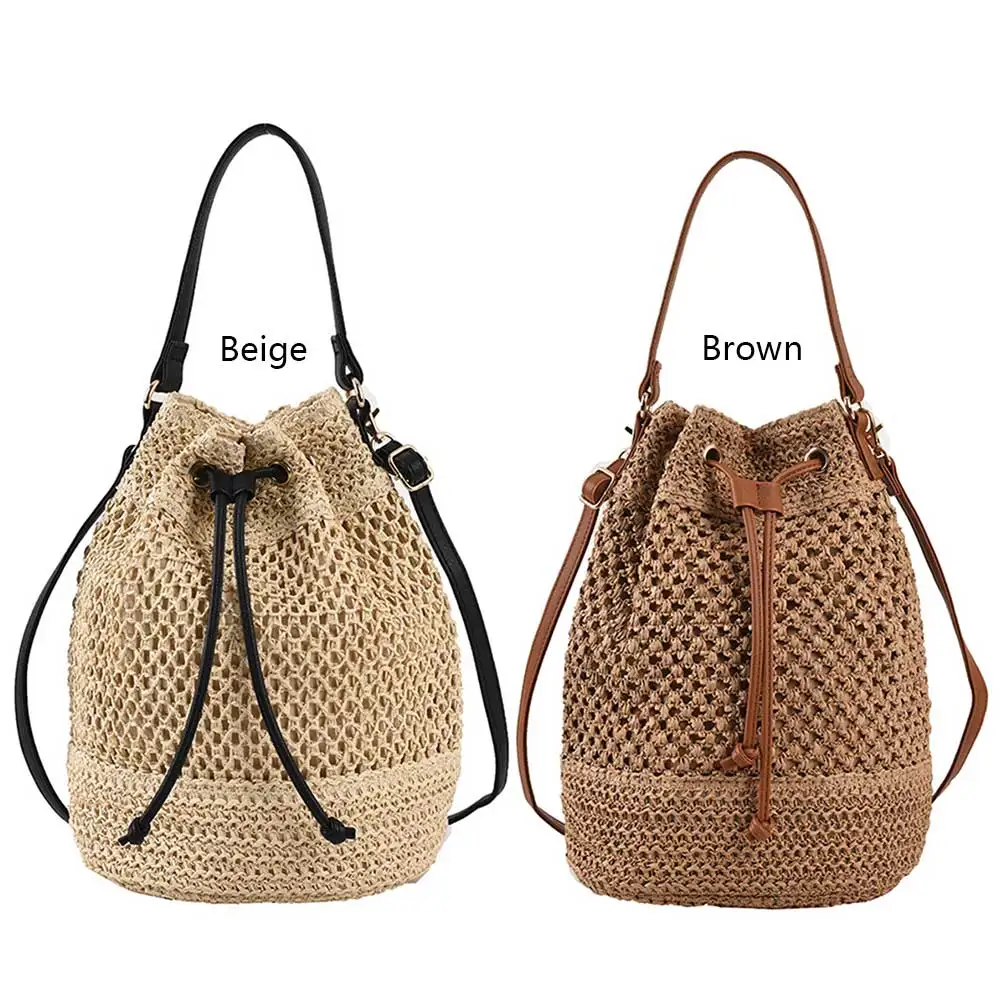 

Summer Top-handle Bags Drawstring Straw Bucket Bag Adjustable Strap Fashion Casual Simple Portable Elegant for Weekend Vacation