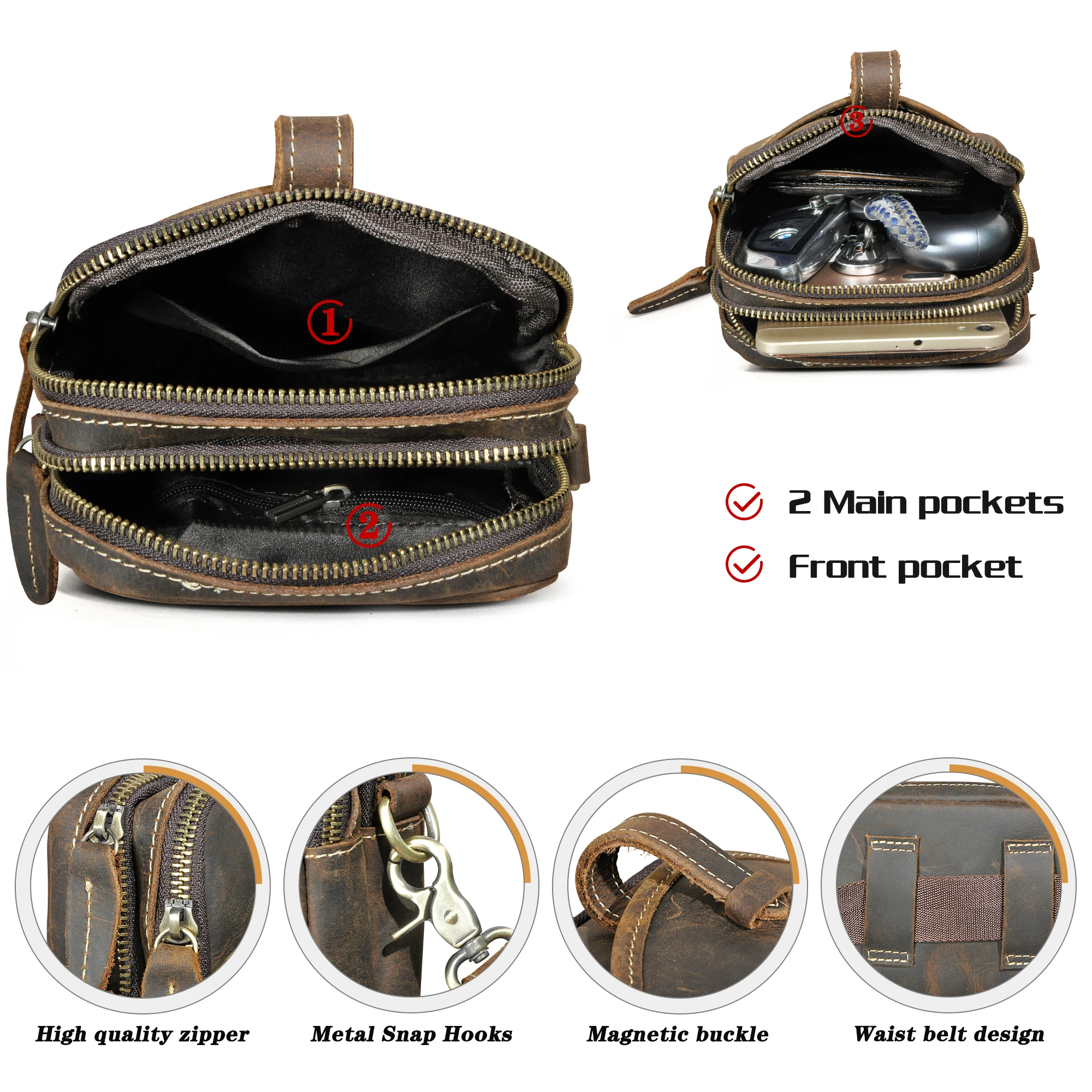 Grain Crazy Horse Leather Travel Retro Fanny Waist Belt Bag Chest Pack Sling Bag Design Phone Cigarette Case For Men Male 1275