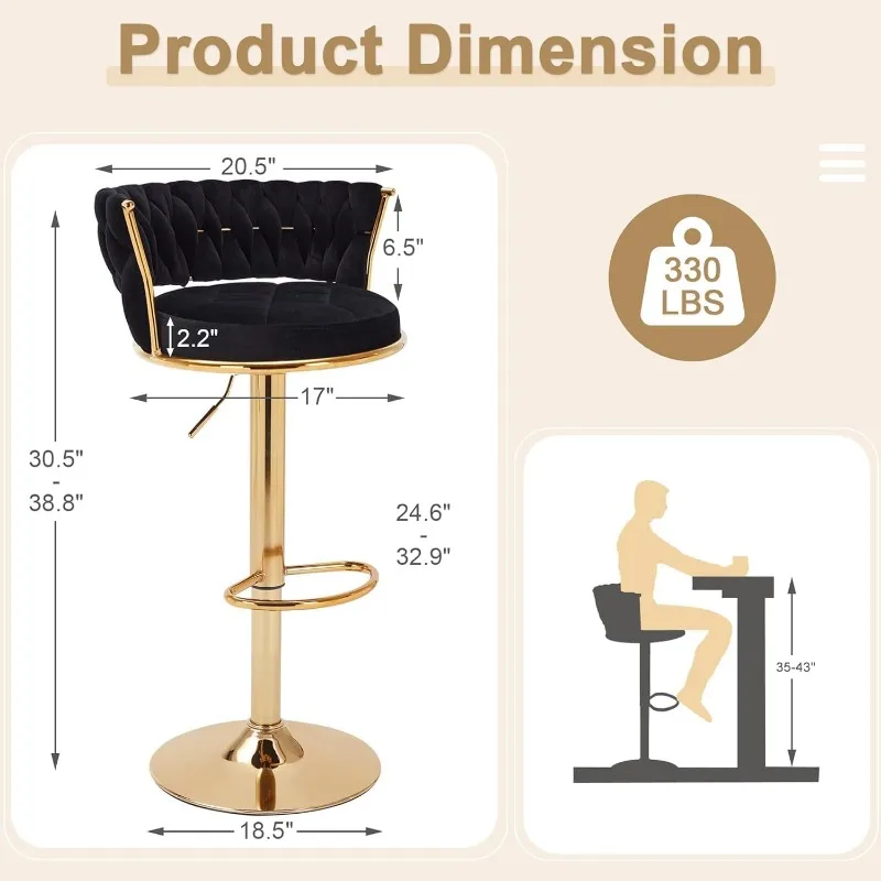 Adjustable Bar Stool Height Stool with Back and Armrests Woven Kitchen Island Stool with Metal Legs and Base 360° Swivel Chair