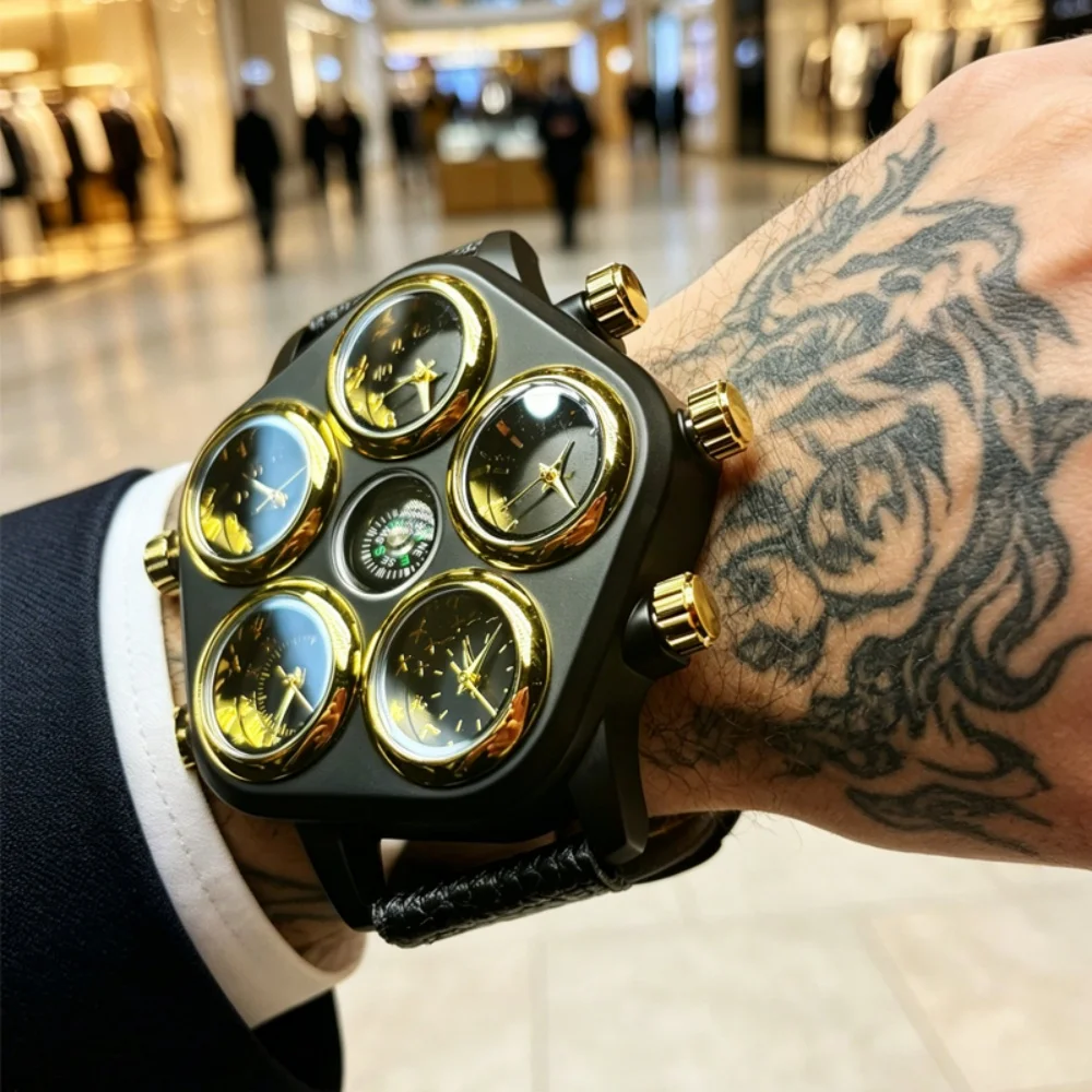 Punk-Style Cool and Trendy Men's Large Dial Quartz Watch, Luxury Textured Leather Strap Men's Watch, Multi-Time Zone Outdoor Travel Watch, Unique and Eye-Catching High-Value Design, Versatile for Business, Commuting, and Street Style, Popular Men's Watch