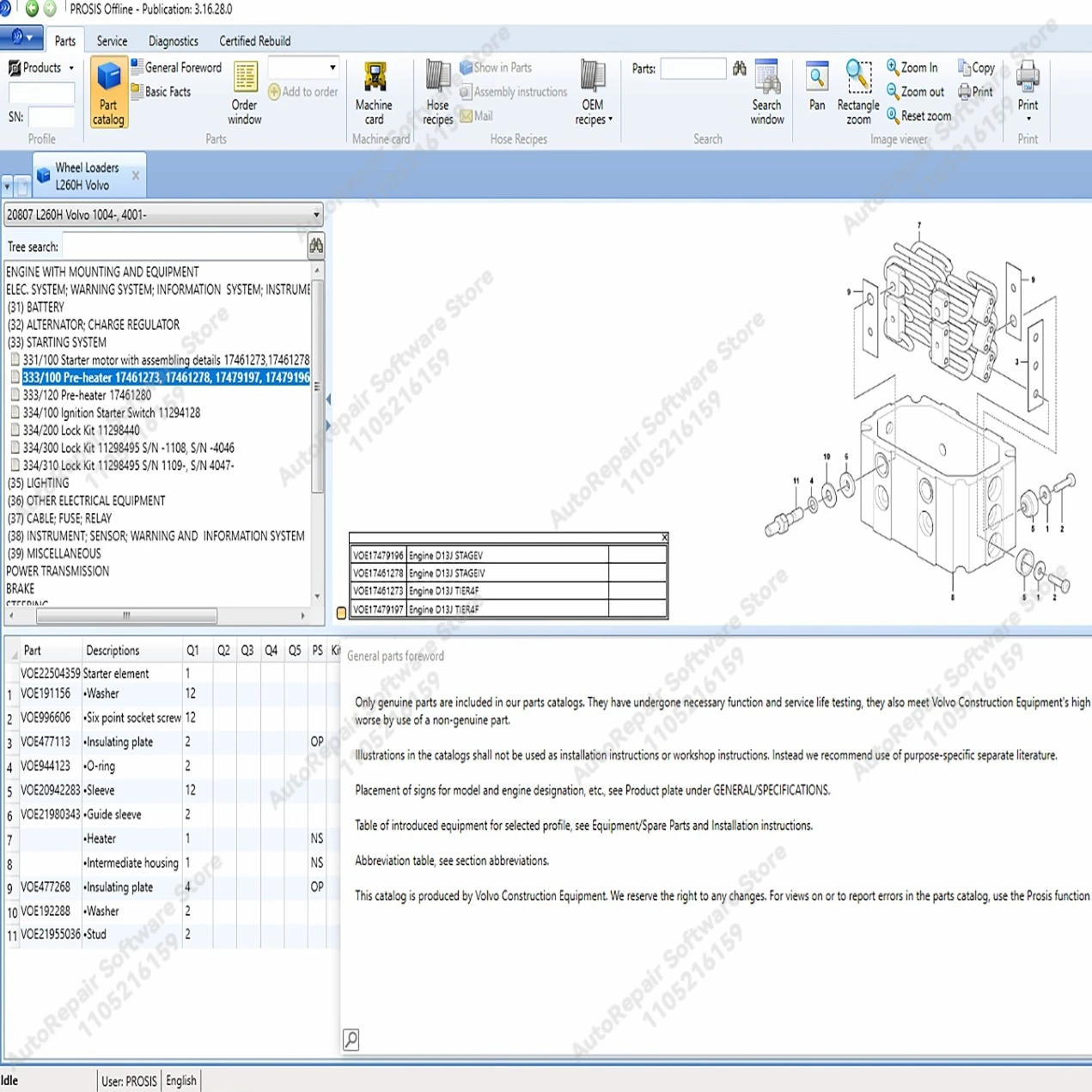 أحدث 09.2025/03.2025/12.2024 EPC PROSIS معدات البناء كتالوج أجزاء غير متصل ومعلومات الخدمة