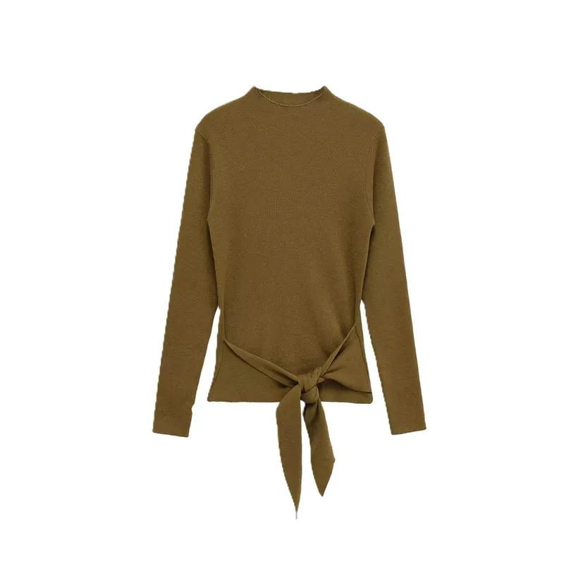 

Women's Top 2025 Autumn New Style Camel Long Sleeve Knit Top with Bow Decoration Slim Fit Elegant and Fashionable