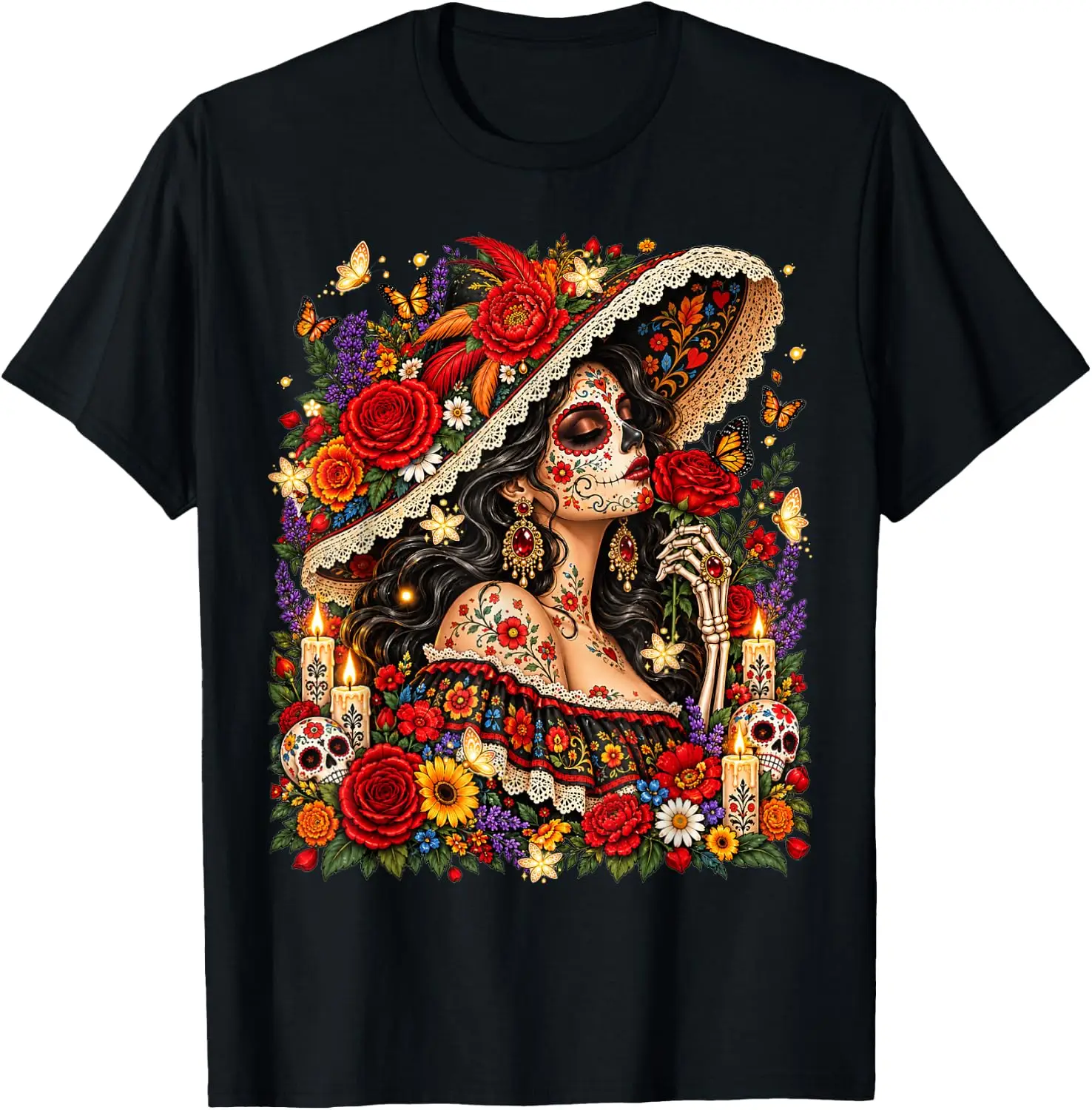 Dia De Los Muertos Flower Catrina Day Of The Dead Women Girl T-Shirt Halloween Loose-Fit Pure Cotton Short-Sleeve Top – Stylish, Breathable, Plus-Size – Christmas Gift