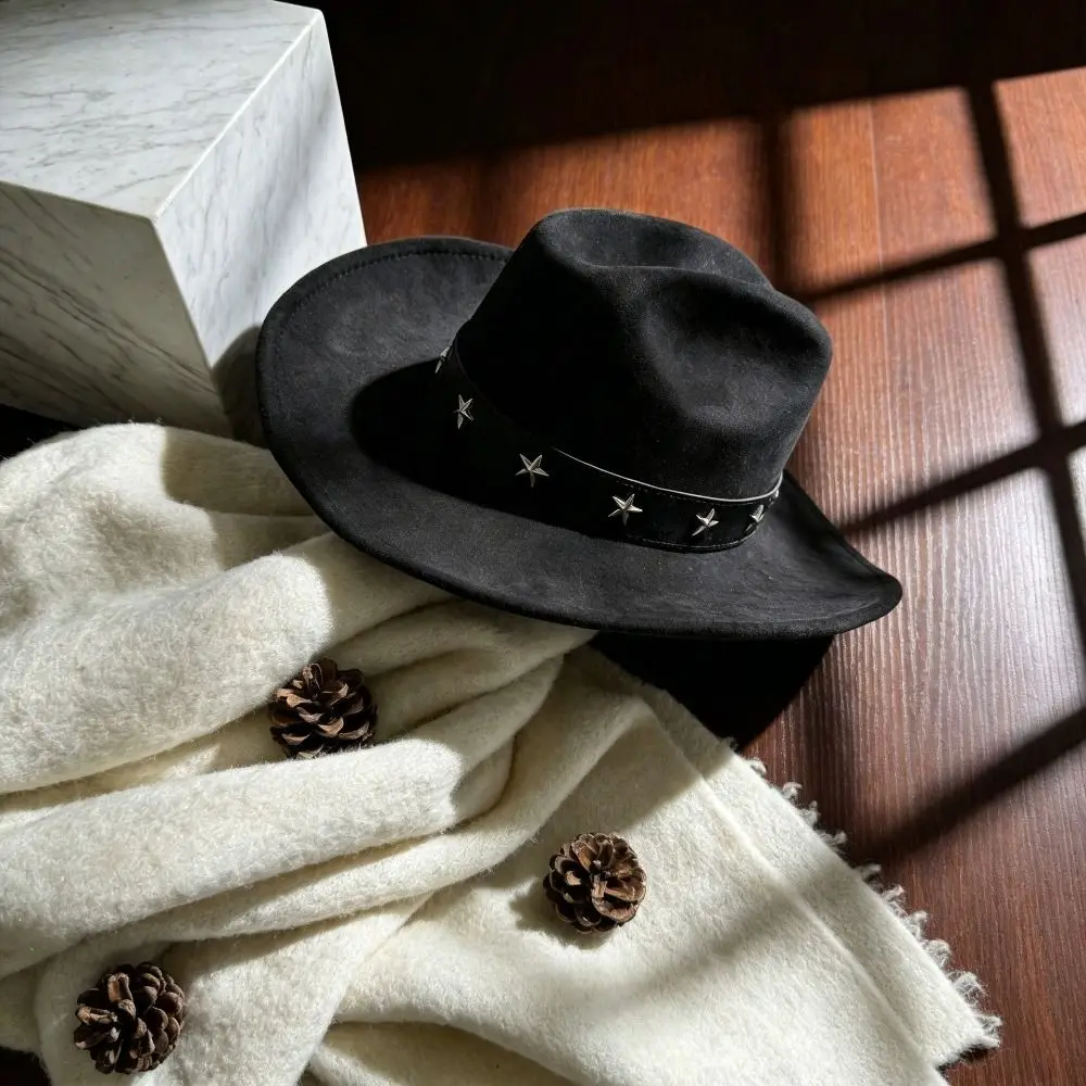 Cool Roll Up Brim Cowboy Hat Star Decoration Solid Color Wide Brim Hat Wide Brim Cropped Jazz Hat Travel Outfit