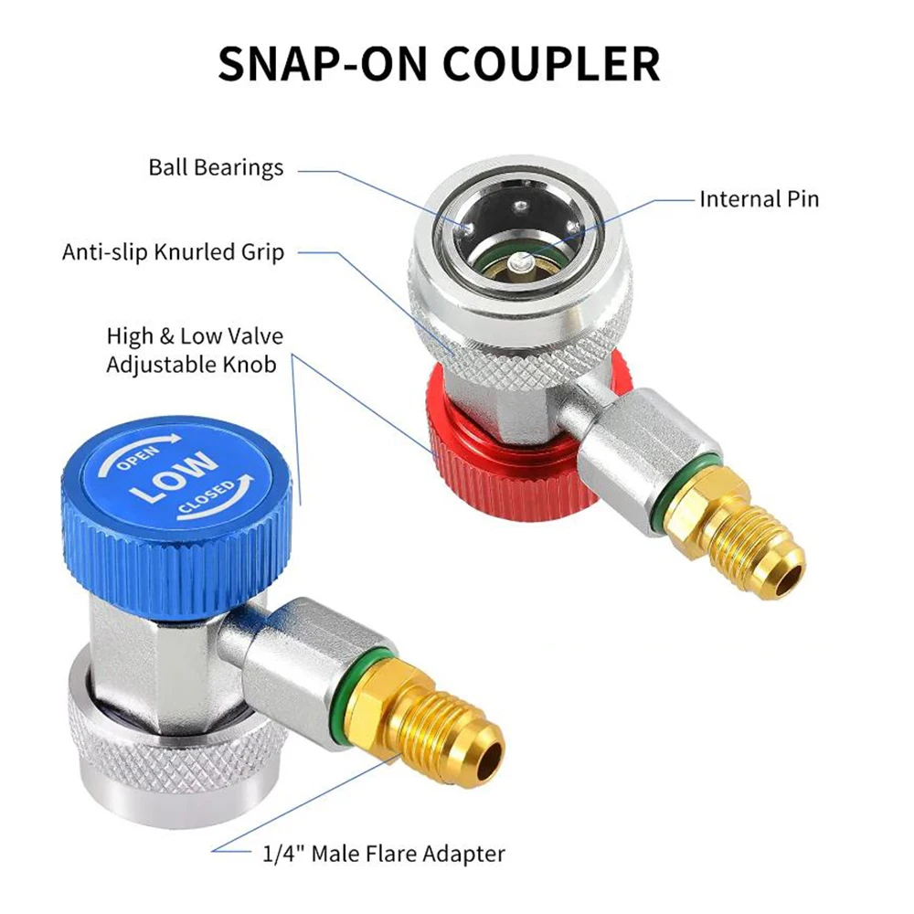 

2021 2pcs R134A AC Auto Freon Air Condition Adapter Refrigerant Adjustable Quick Coupler High Low Connector Manifold Gauge Set