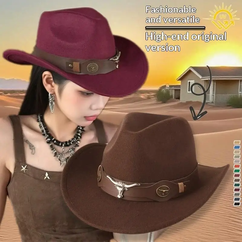 Vintage Western Cowboy Hat for Men Women Longhorn Bull Head Decor Durable Felt Wide Brim for Horse Riding Ranch Work