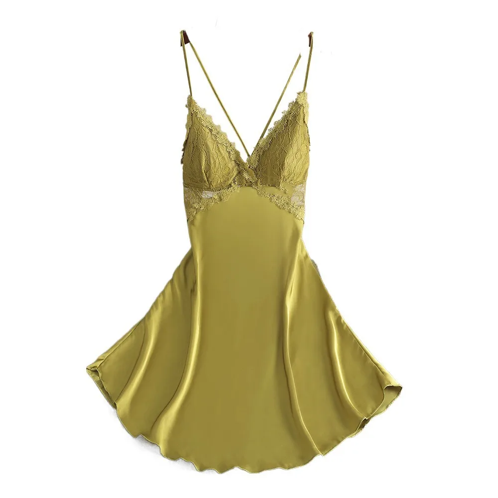 

Модное кружевное женское пижамное платье с вырезами без рукавов, ночная рубашка из ледяного шелка на подтяжках, одежда для сна, тонкая ночная рубашка на бретельках, домашняя