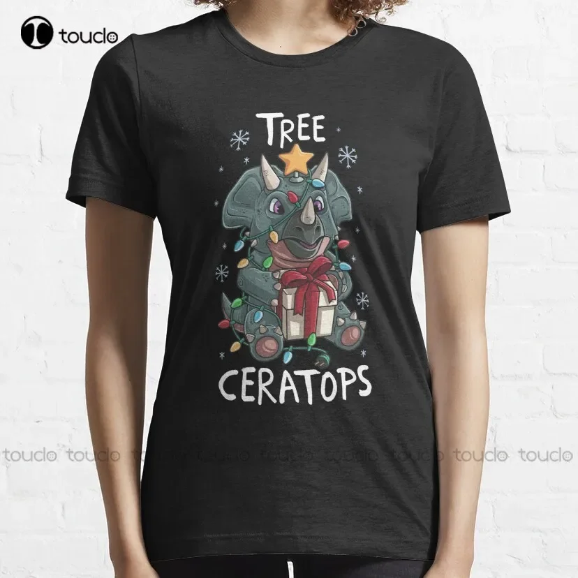 Tree Ceratops Cute Triceratops Dinosaur Christmas Tree Lights Star Classic T-Shirt White Tees For Men Custom Aldult Teen Unisex