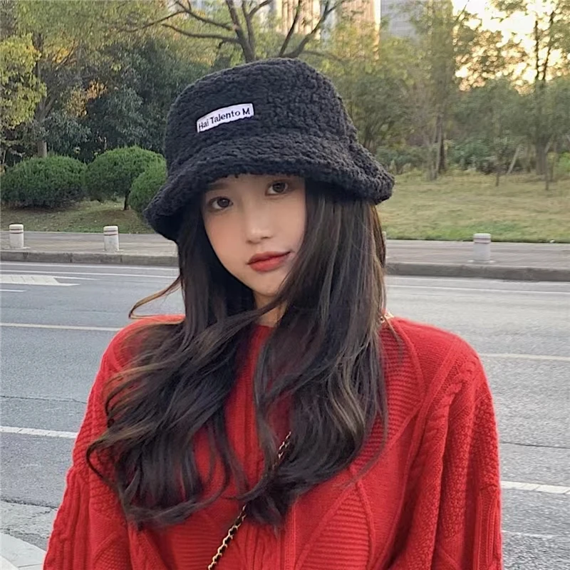 Winter Lamb Fleece Pot Hat for Men and Women Solid Color Warm and Cold Protection Teddy Plush Hat Bucket Hat Panama Men